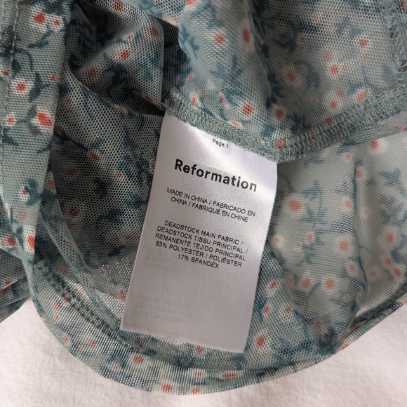 Reformation Kynlee Knit Mesh Top, Ruched, Green Floral - Picture 5 of 5